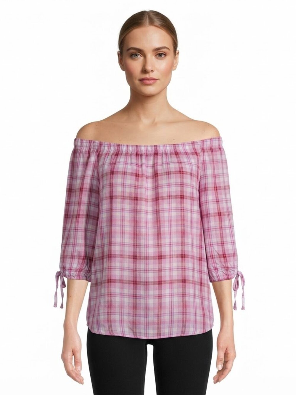 Terra & Sky Pink Plaid Off The Shoulder Blouse Plus Size 1X 16W 18W